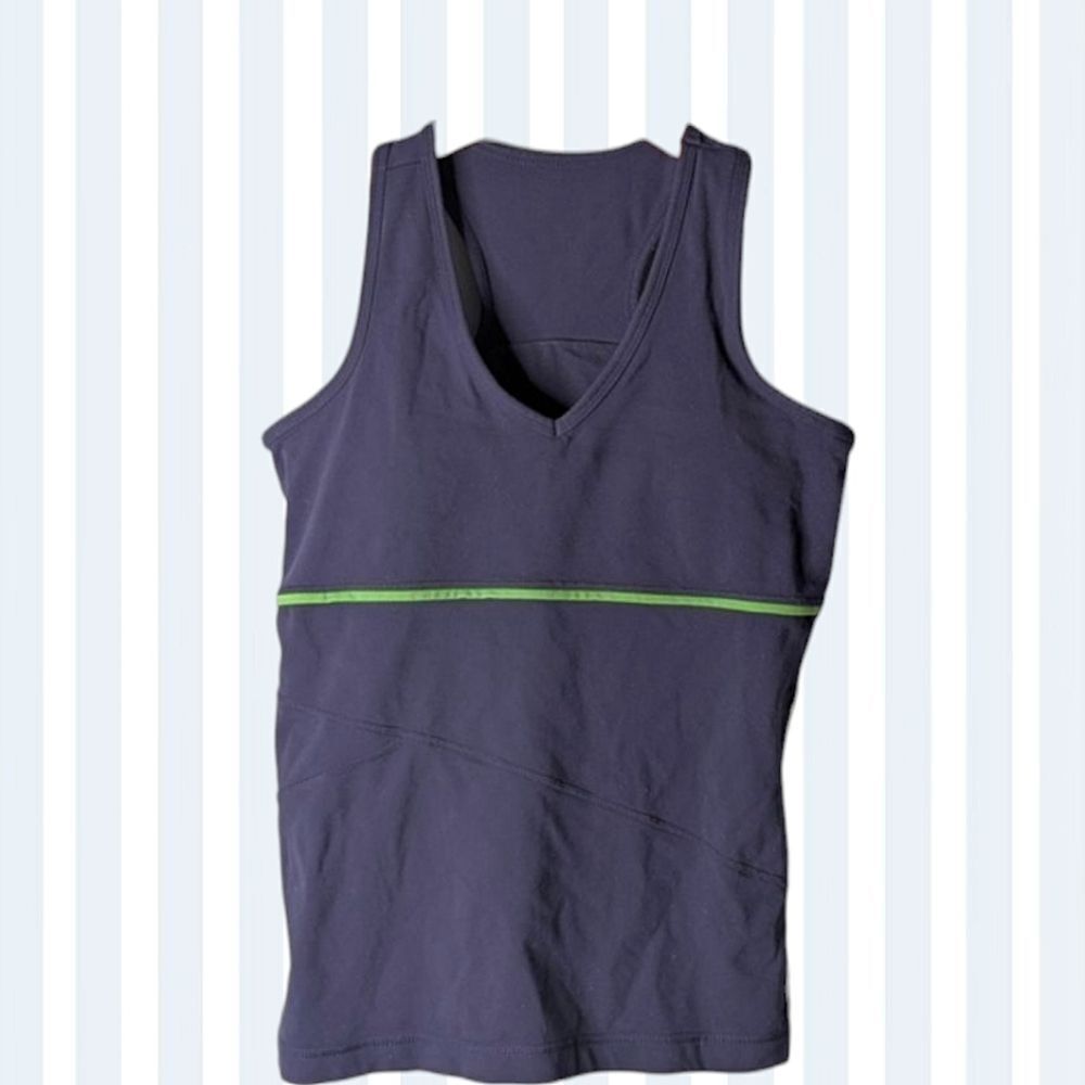 Navy Blue Green Trim Cotton Blend Stretch Gym Top Size M 8 10